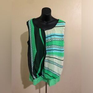 New York & Company Stretch Green Blue Round Neck Geometric Ruched Tank Top XL